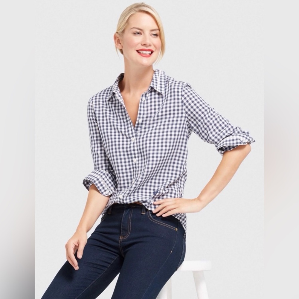 Draper James Navy and White Gingham Button Down Shirt